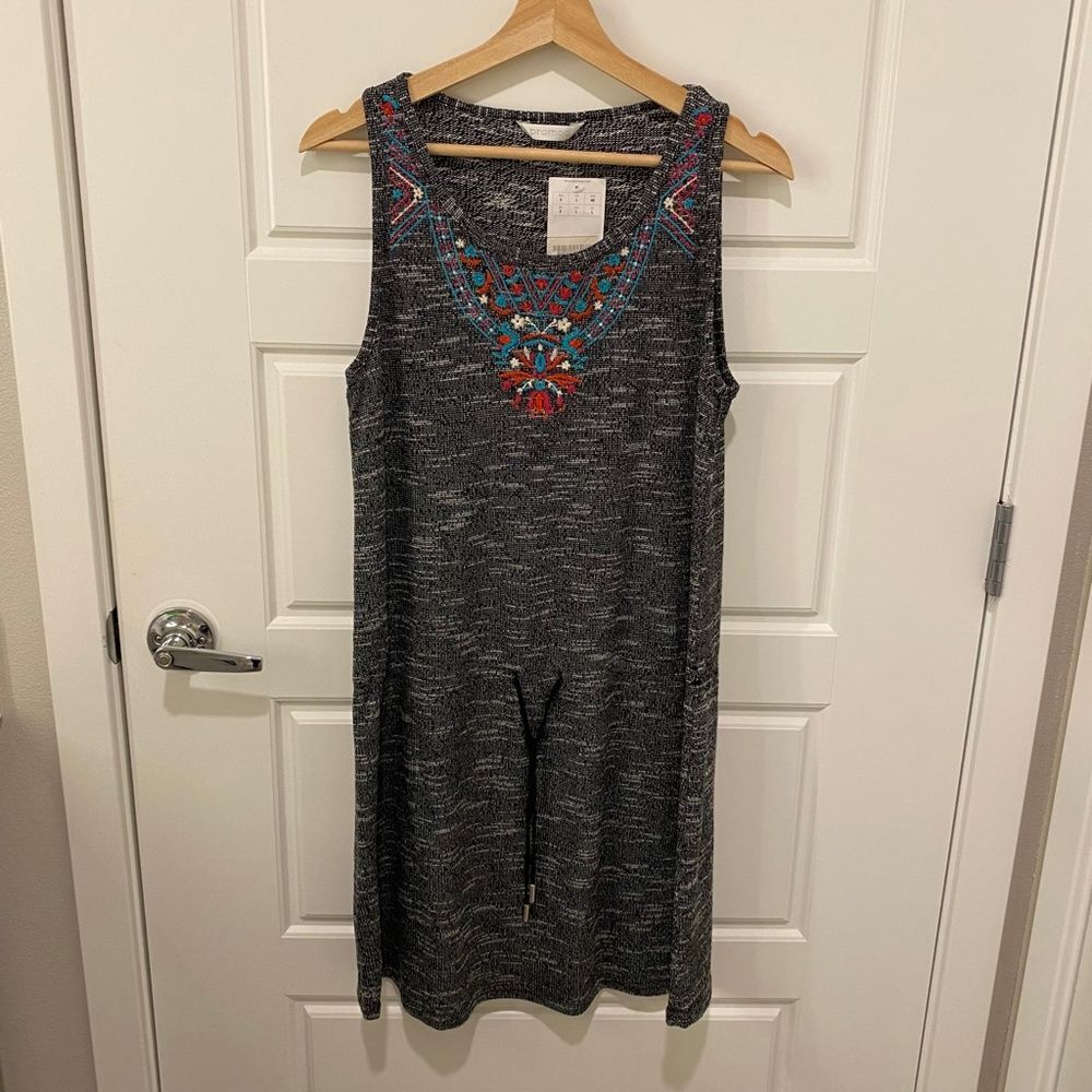 Promod Embroidered Boho Knit Shift Dress Gray Marled Drawstring Women's Large